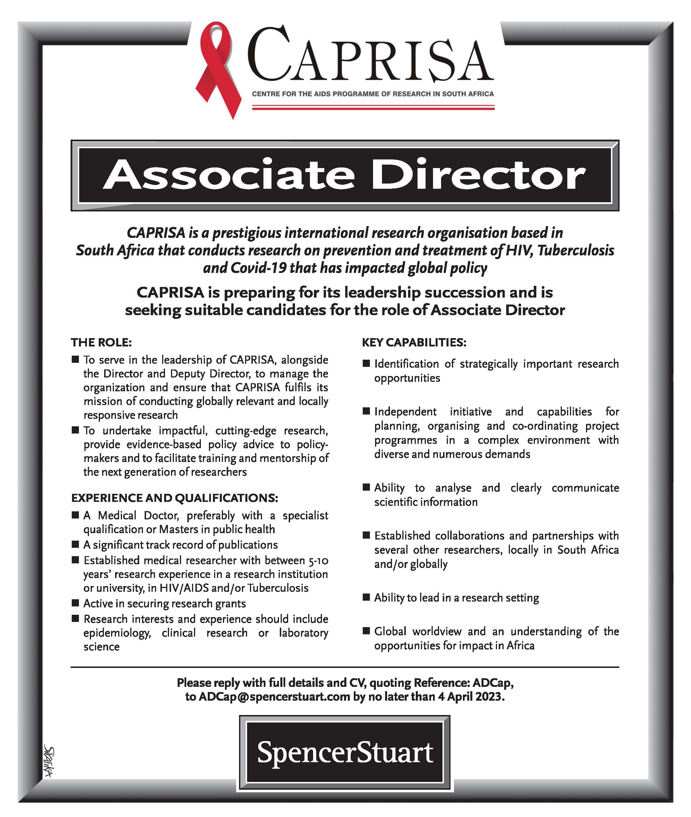 CAPRISA is preparing for leadership succession and is seeking suitable candidates for the role of Associate Director 