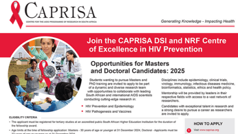 CAPRISA DSI - NRF Centre of Excellence in HIV Prevention Offers Masters and Doctoral Fellowship in HIV Research for 2025